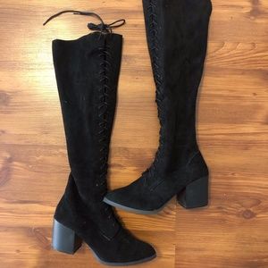 Qupid Black Stretch Suede Lace Up Boot